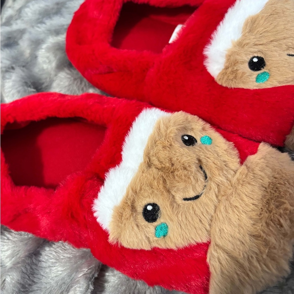 Kids Red Plush Teddy Slippers
